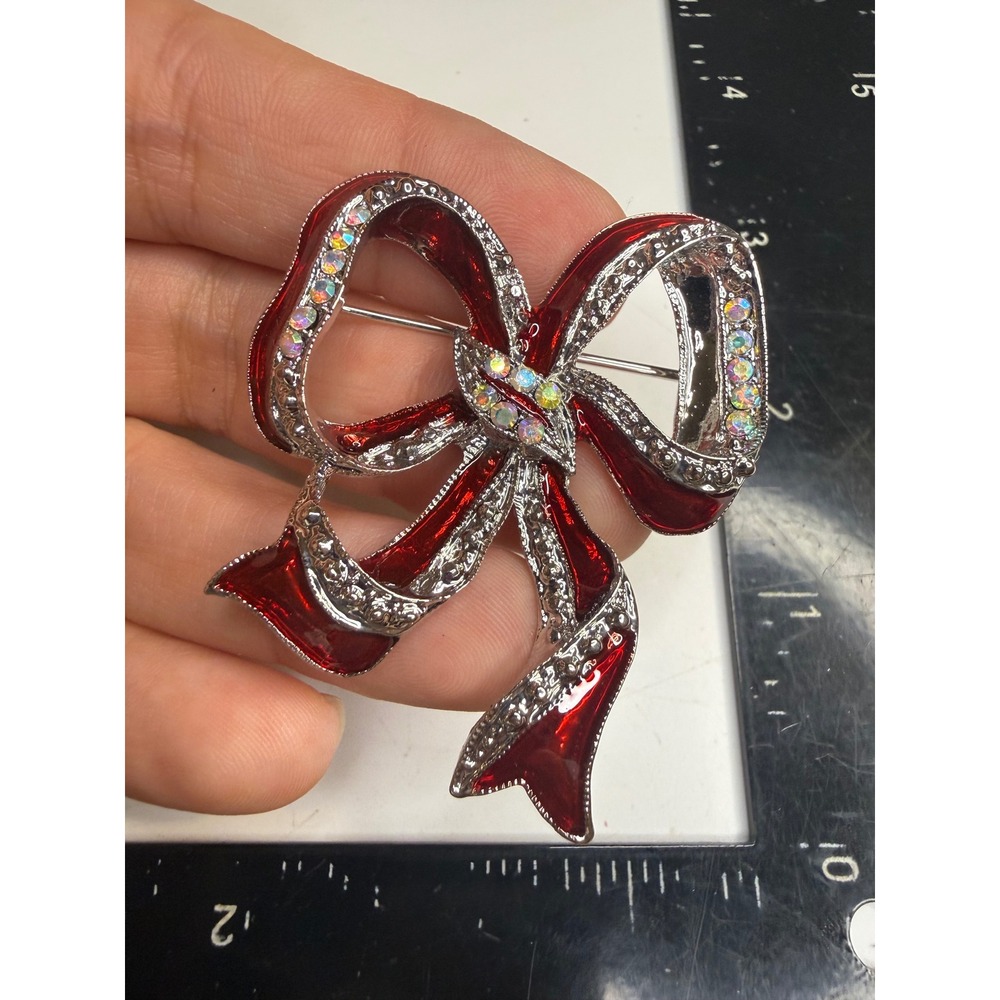 Red Enamel Bow Brooch Silver Tone Rhinestone Ribbon Pin Holiday Accessory